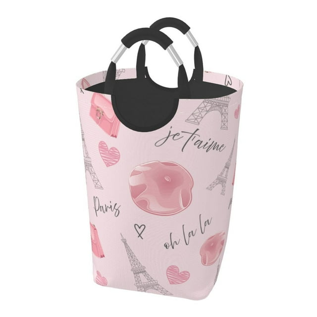 DouZhe 50L Rectangular Laundry Basket, Cute Pink Parisian Style Prints Waterproof Foldable Laundry Hamper with Aluminum Handles