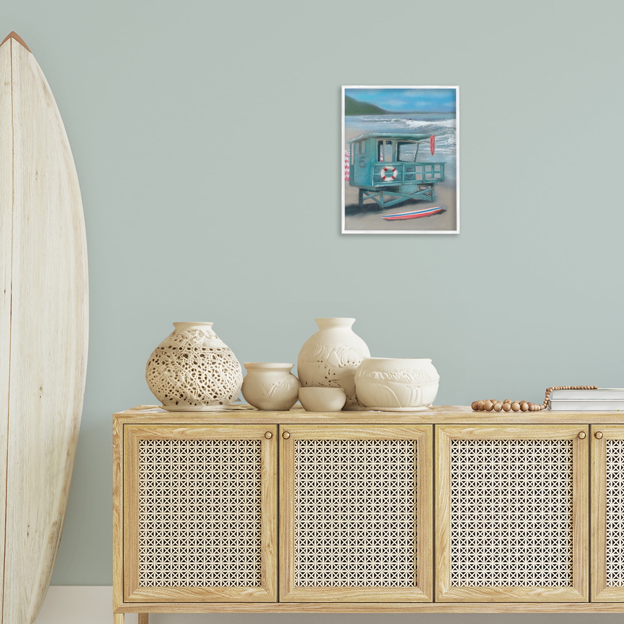 Stupell Industries Lifeguard Stand on Shore Coastal Painting White Framed Art Print Wall Art, 16 x 20