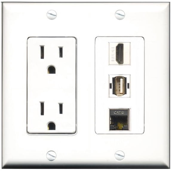 RiteAV - 15 Amp Power Outlet 1 Port HDMI 1 Port USB A-A 1 Port Shielded Cat6 Ethernet Ethernet Decorative Wall Plate