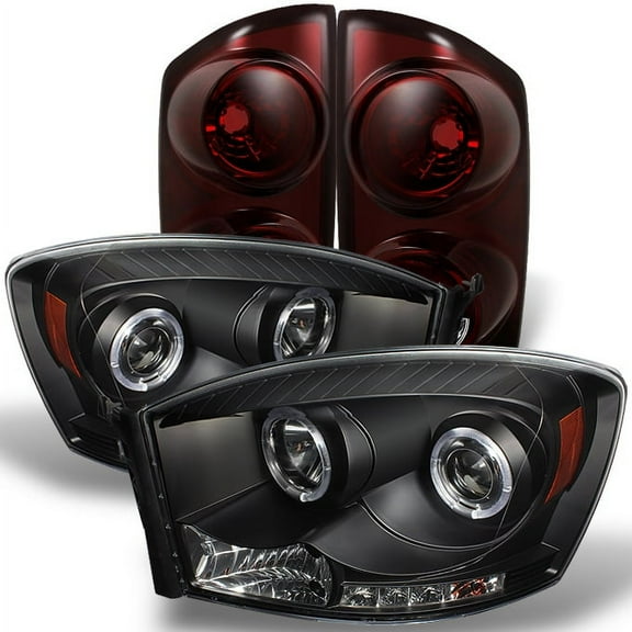 AKKON - For Dodge 07-08 Ram 1500 |2009 2500 3500 Black Dual Projector LED Headlights Dark Red Tail Lights