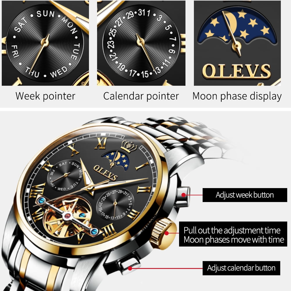 OLEVS Automatic Watches for Mens Skeleton Mechanical Self Winding Chronograph Calendar Classic Dress Moon Phase Multifunction Mens Wrist Watches Luminous Waterproof Stainless Steel Reloj Para Hombre
