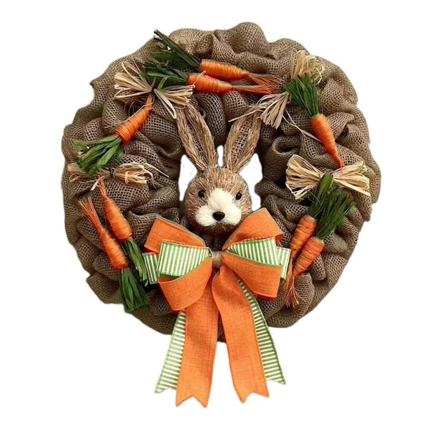 Coronas de Conejitos de Pascua, Corona de Arpillera con Lazo de 45cm, Corona de Pascua para Colgar en La Pared