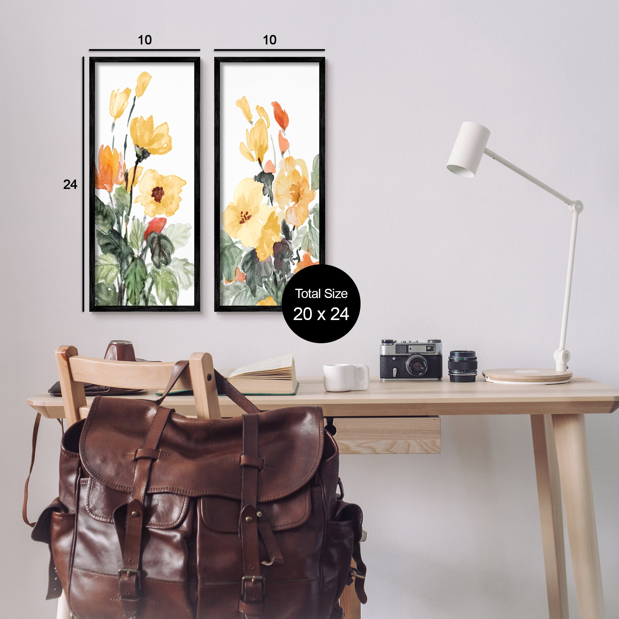 Stupell Industries Yellow Spring Flowers Botanical & Floral Painting Black Framed Art Print Wall Art, 10 x 24, Set of 2
