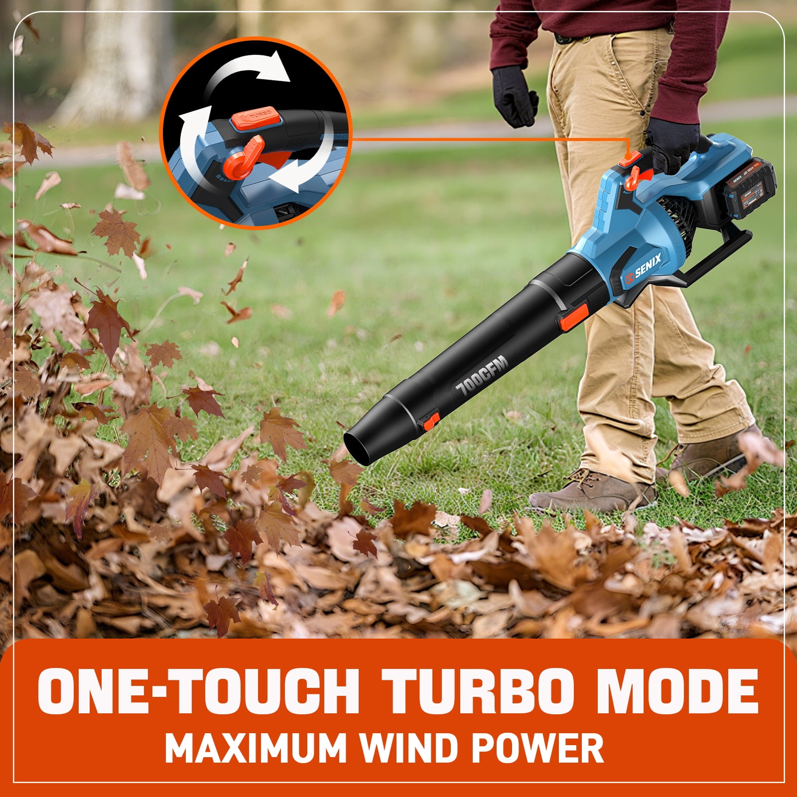 SENIX 40 Volt Max* Cordless Brushless Leaf Blower 700 CFM/145 MPH with 2 x 4.0AH Batteries & Dual-Port Charger Included, Cruise Control, Variable Speeds, BLAX2-M2