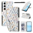 thumbnail image 1 of Wallet Case for Samsung Galaxy A17 , PU Leather Phone Cover Kickstand RFID Blocking Flip Case Card Slots Wrist Strap Relief Engraved Pattern Magnetic With Stylus Pen, Blue Purple Flower, 1 of 10