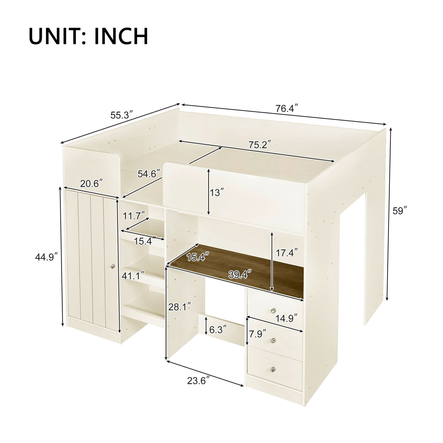 Asteroutdoor Wood Full Size Loft Bed with Built-in Wardrobe, Desk, Storage Shelves and Drawers, Beige