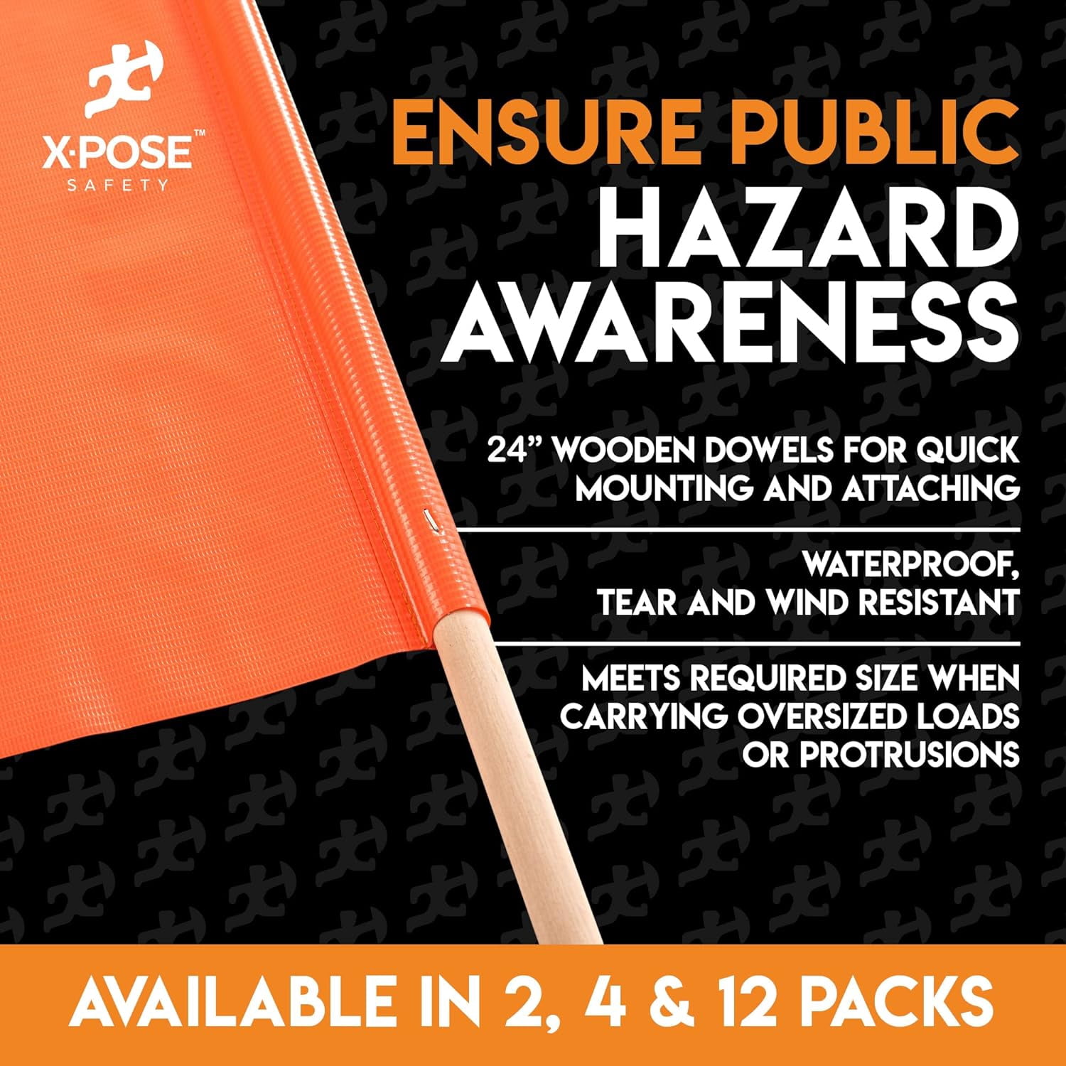 Orange Safety Flags - 18" x 18" Orange Warning Flag with 24" Wood Staff - Pack of 12 - Square Safety Flag - Oversize Signs and Flags - Wide Load Flags - Caution Flags for Roof - Oversized Load Flag -