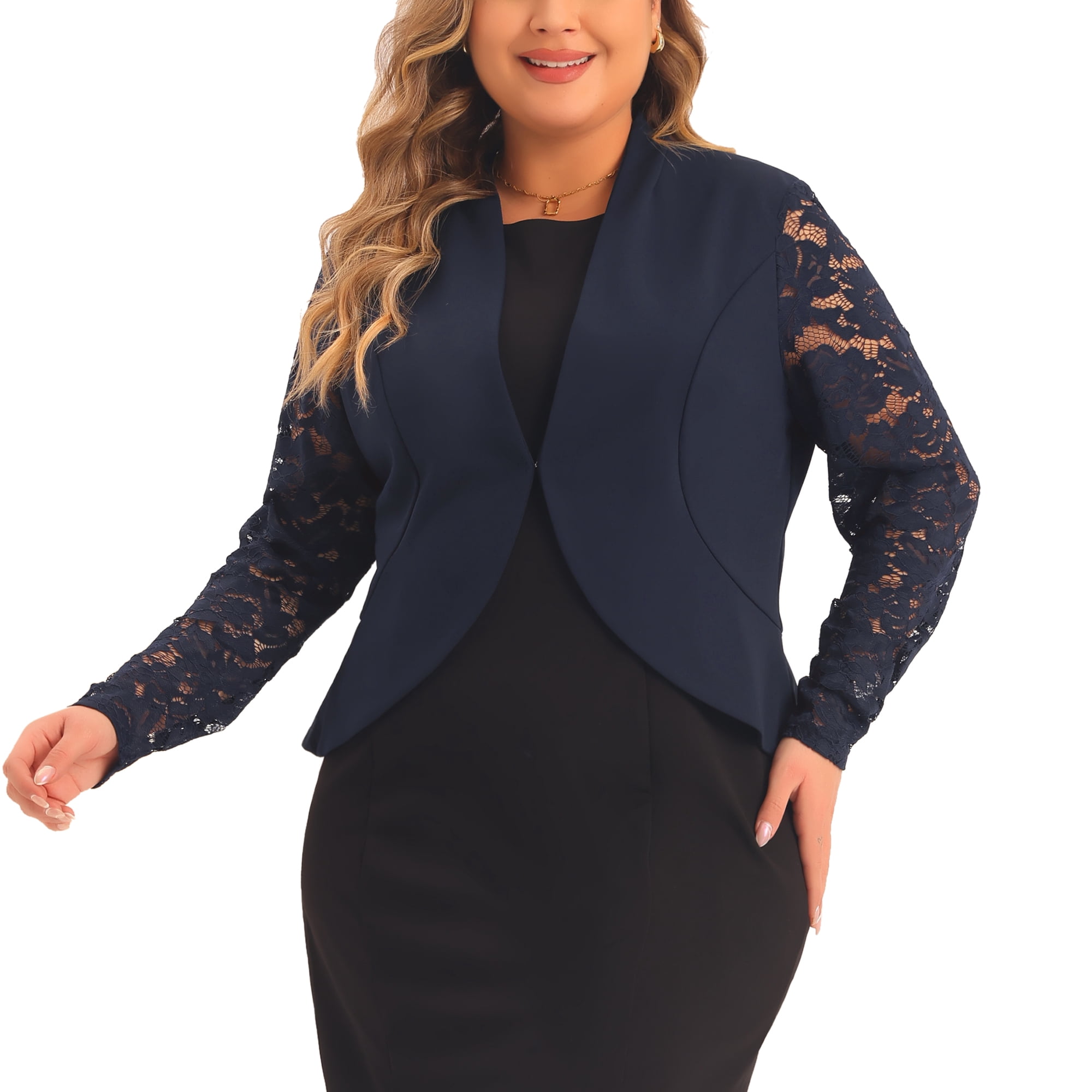 DARING DIVA Women's Plus Long Sleeve Lace Cropped Cardigans Shrug Bolero Navy Blue 3X
