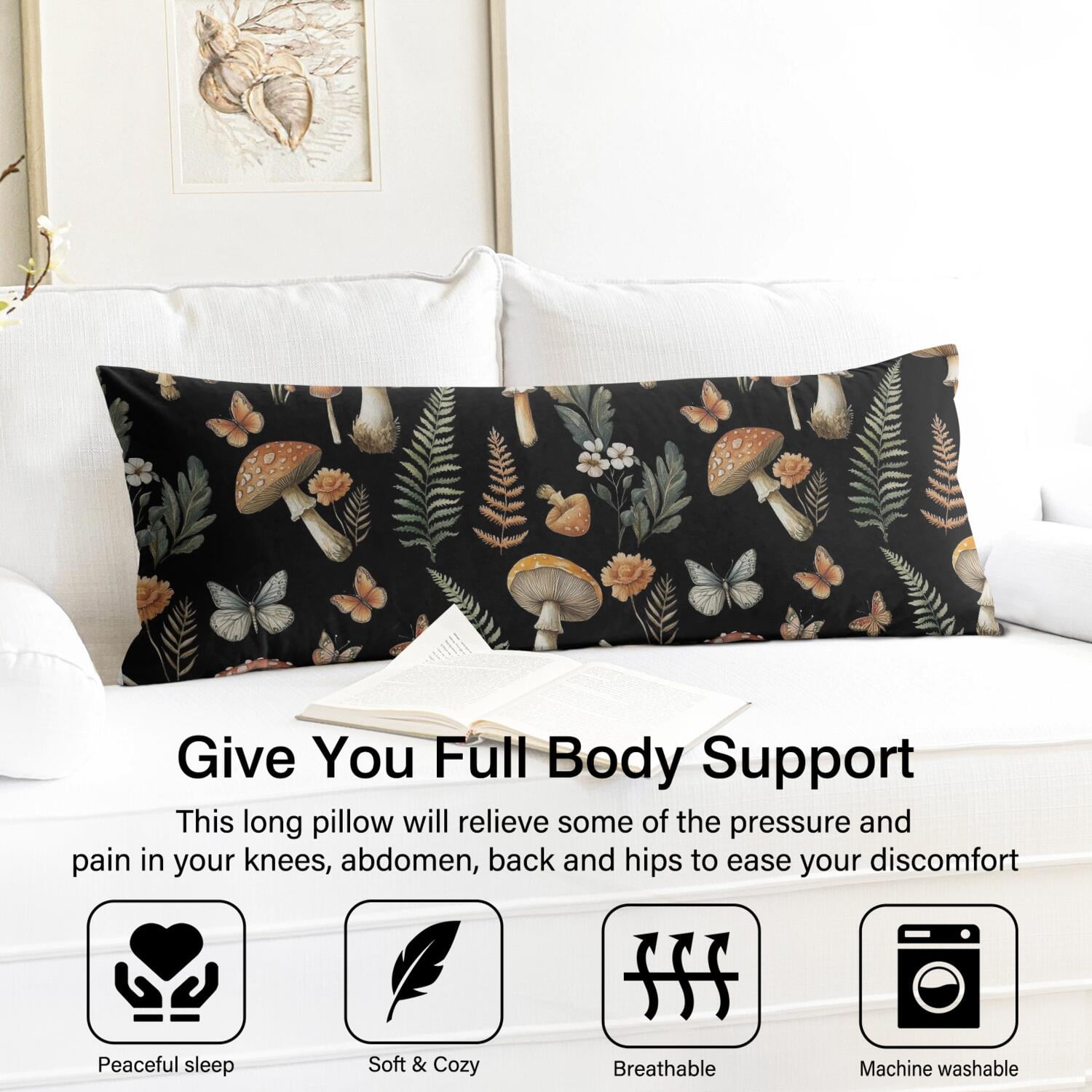 Boho Vintage Mushroom Body Pillow Cover 20x54 - Breathable & Durable - Invisible Zipper Closure - Woodland Mushroom Theme