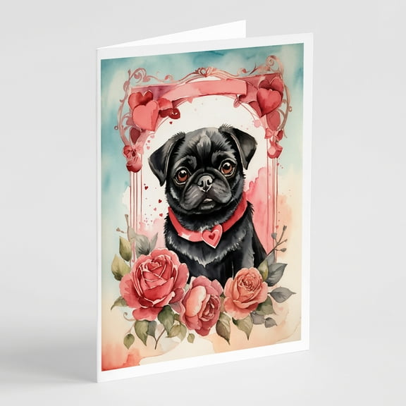 Black Pug Valentine Roses Greeting Cards Pack of 8 7 in x 5 in