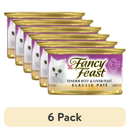 (6 pack) Purina Fancy Feast Tender Beef and Liver Feast Classic Grain Free Wet Cat Food Pate, 3 oz.