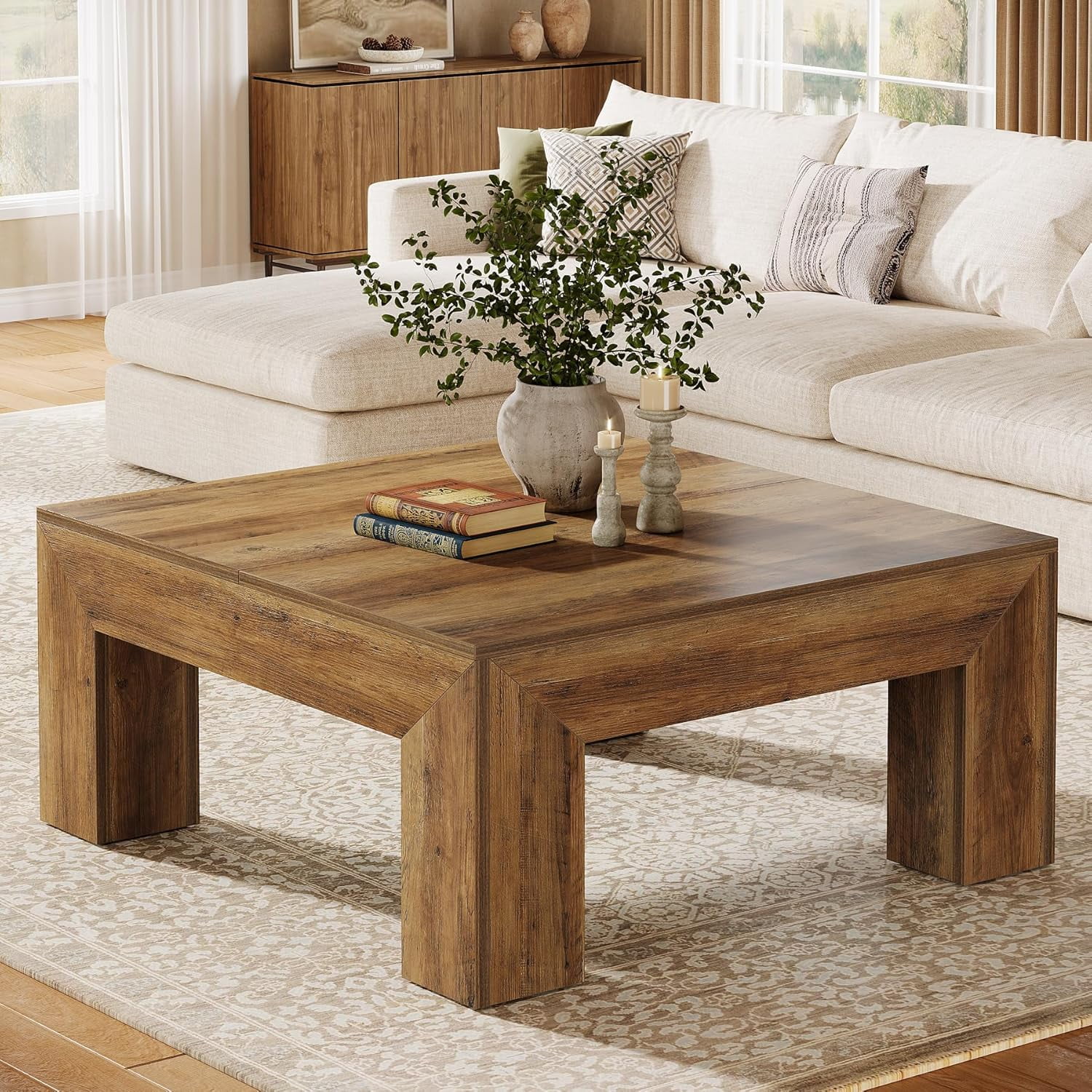 Finmind 39.4-Inch Square Coffee Table for Living Room, Farmhouse All Wood Accent Center Cocktail Table