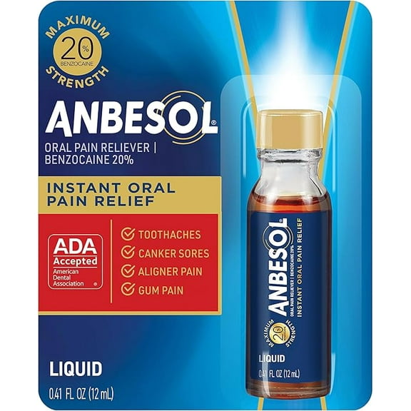 Anbesol Liquid Maximum Strength, Instant Oral Pain Relief, 0.41 oz. Pack of 1