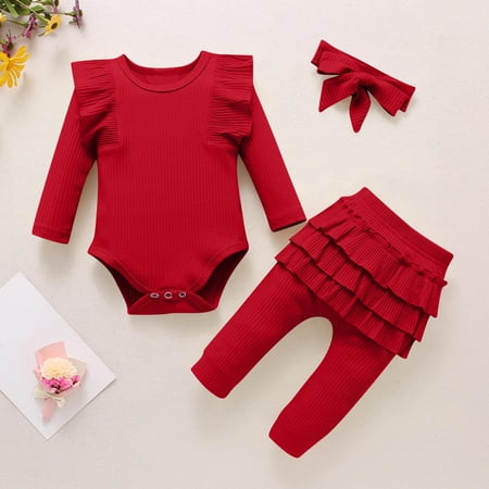 Newborn Infant Baby 3pc Clothes Ruffle Ribbed Long Sleeve Romper Bodysuit Skirts Pants Headbands Set Baby Outfits for Girl Wine 12-18 Months
