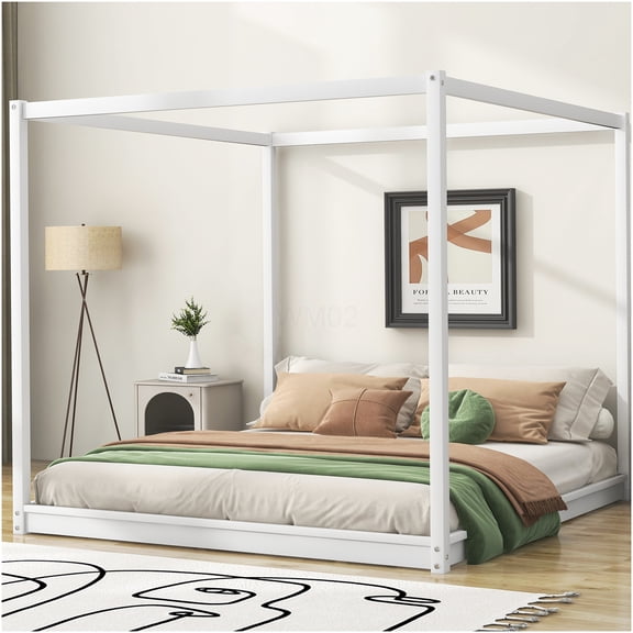 White King Size Canopy Platform Bed with Support Legs, Modern Farmhouse Bed Frame with No Box Spring Needed