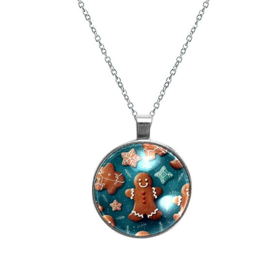 Gingerbread Man Women's Glass Circular Pendant Necklace - Unique Jewelry Piece for Everyday Wear