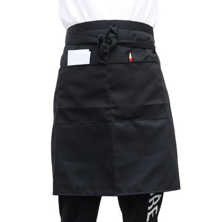 

Women Clothes Server Short Apron Butcher Black Overalls Waist Pockets Waitress