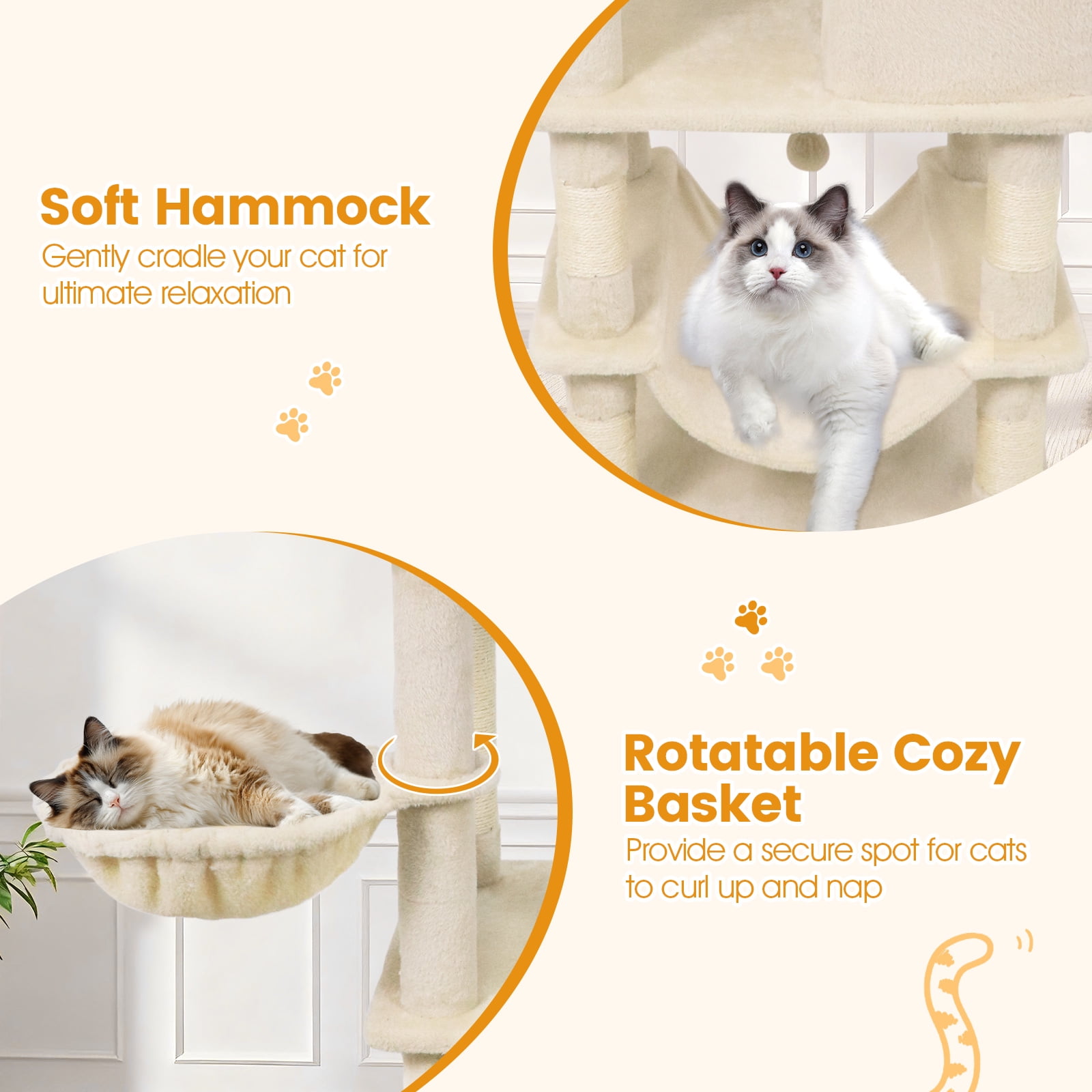 Gymax 66'' Tall Cat Tree w/2 Condos Sisal Scratching Posts Plush Perch Hammock Basket Beige