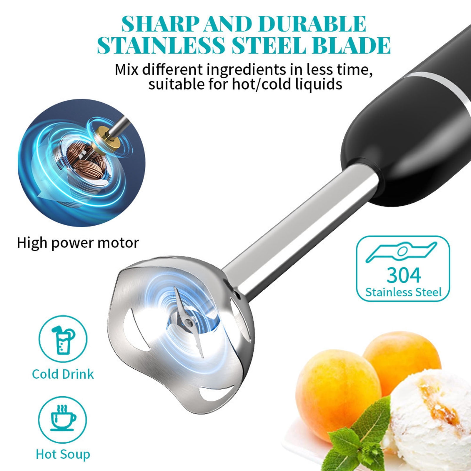 Yajisi Immersion Hand Blender Set 4 in 1 400W Stainless Steel Powerful Handheld Portable Stick Mixer with Chopper and Whisk for Hot Soup Smoothies Baby Food EU Plug, Stainless Steel