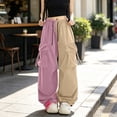 thumbnail image 4 of Karymi Wide Leg Pants Woman Two-Tone Color Block Cargo Pants, Elastic Drawstring High Waist Multi Pockets Adjustable Cuff Baggy Wide Leg Streetwear Trousers, 4 of 7