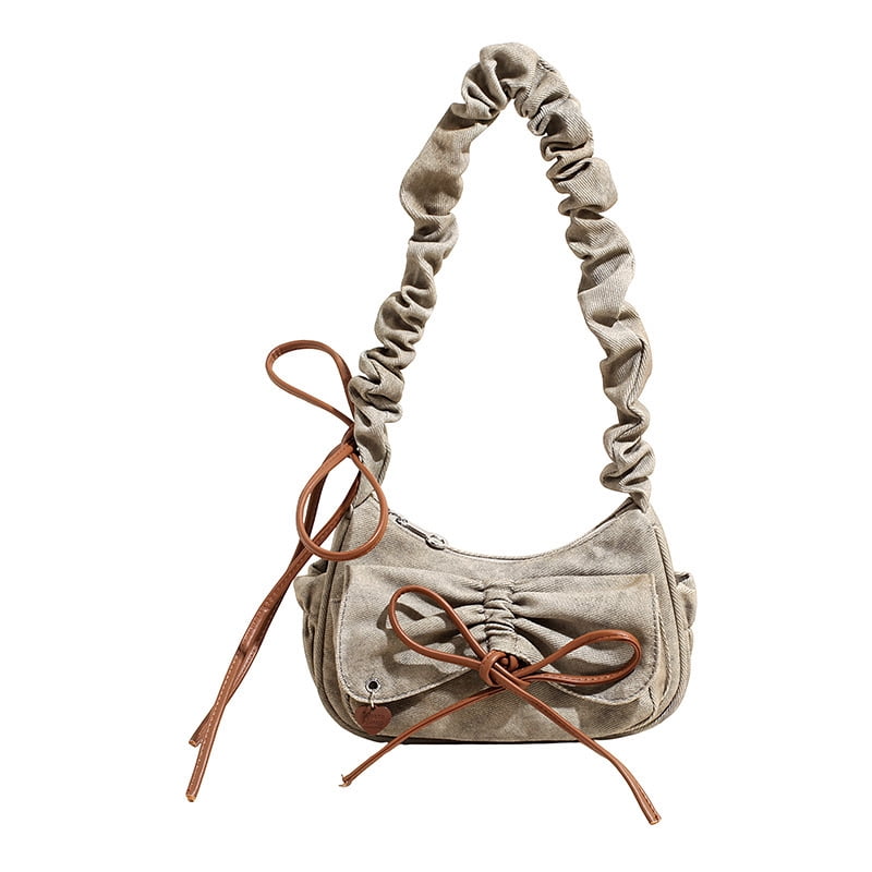Canvas Pleated Bow Multi-Pocket Baguette Crossbody Shoulder Bag for Women and Girls, Minimalist Zipper Purse with Color-Block Stitching in Camo Green for Daily Commute