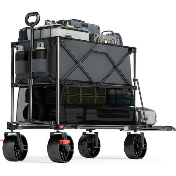 400L Large Capacity Folding Double Decker Wagon with Brakes, 54" Extra Long Extender Wagon Cart, 450lbs Heavy Duty Collapsible Cart, All-Terrain Big Wheels for Camping, Sports, Shopping