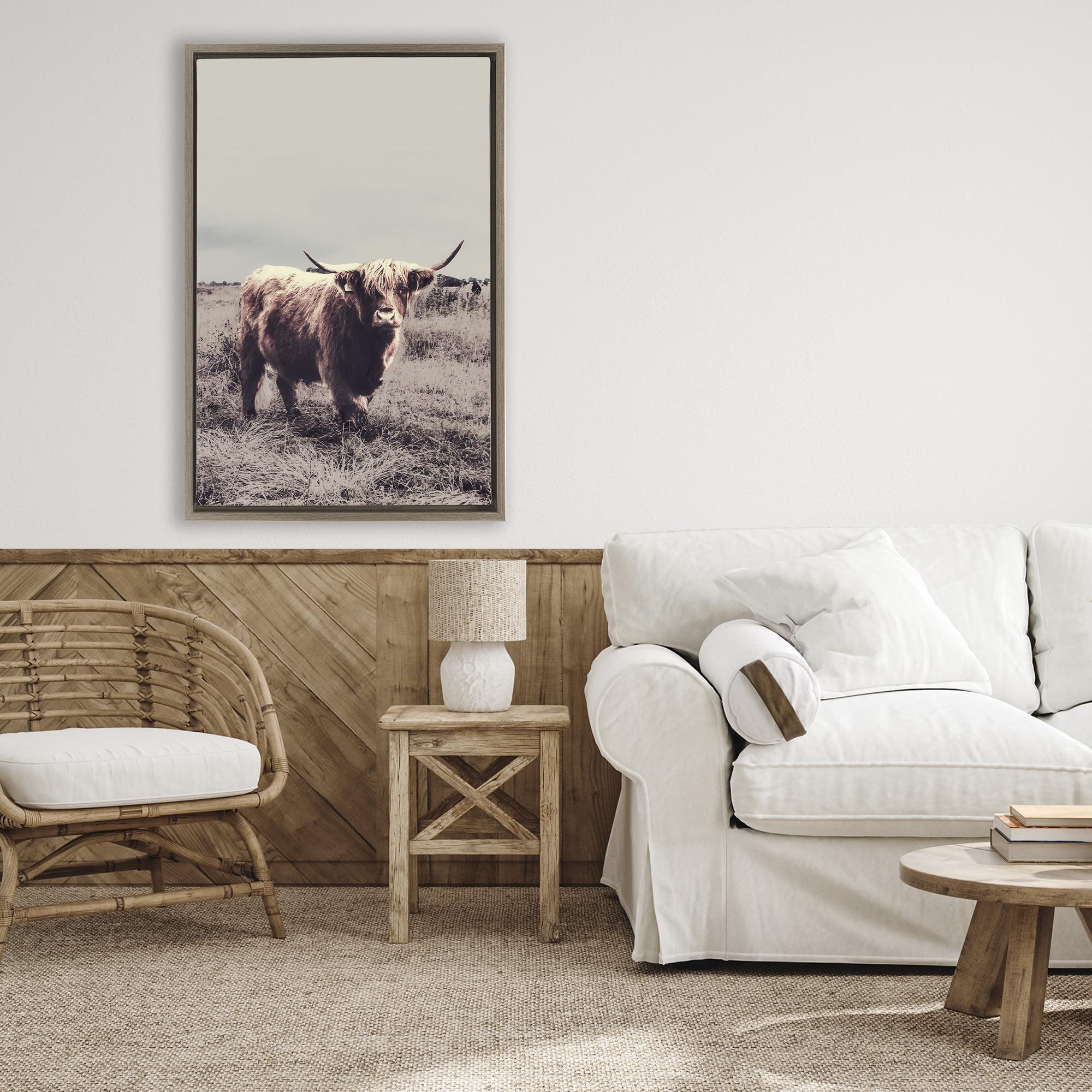 Stupell Industries Horned Cattle in Pasture Brown Framed Floater Canvas Wall Art, design by SD Graphics Studio