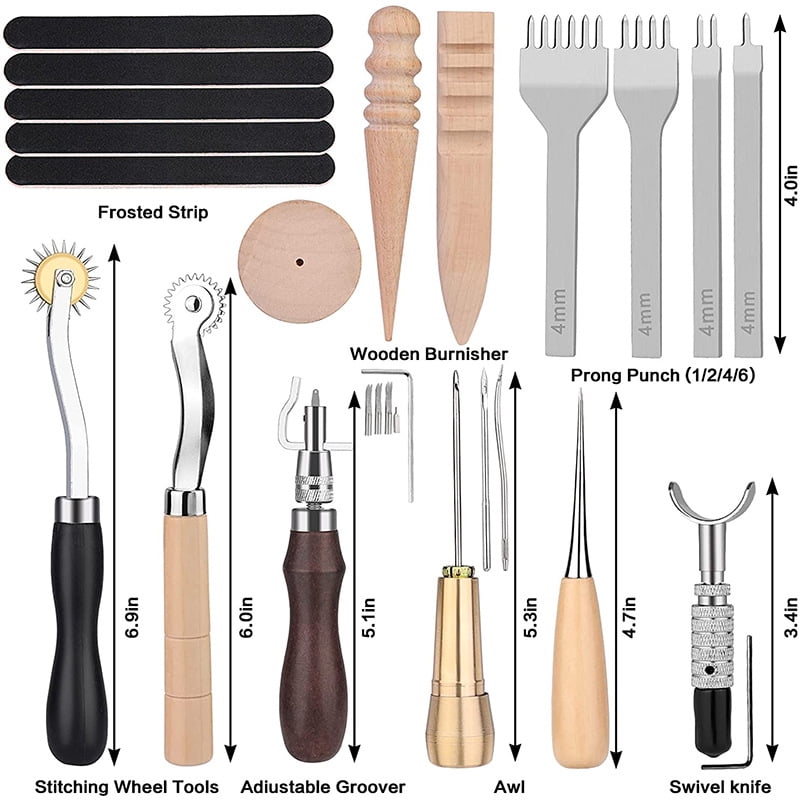 59PCS Leather Working Tools Set with Leather Tool Box Prong Punch Edge Beveler Wax Ropes Needles Perfect for Stitching Punching Cutting Sewing Leather Craft Making