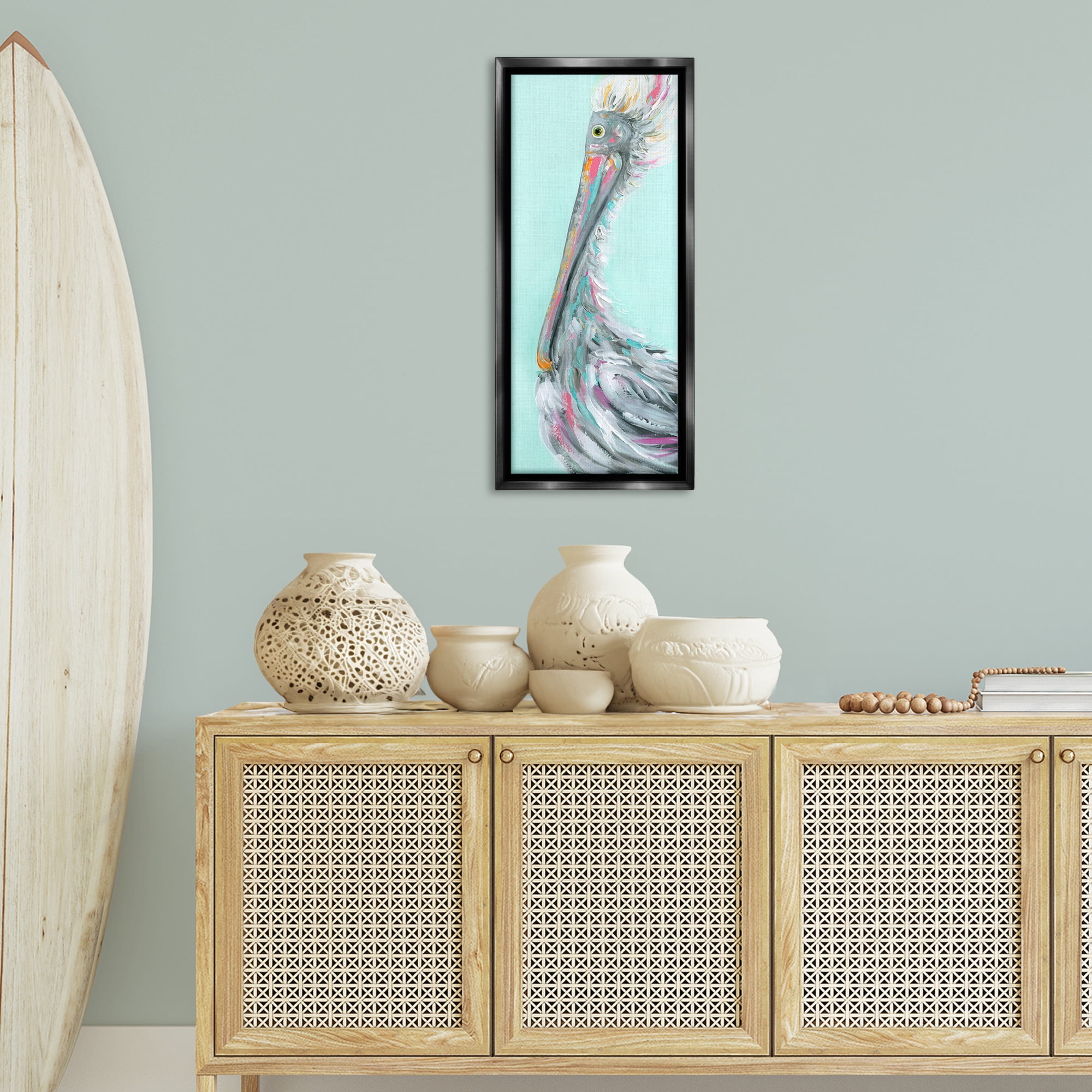 Stupell Industries Odd Pelican Portrait Animals & Insects Painting Black Floater Framed Art Print Wall Art, 15 x 31