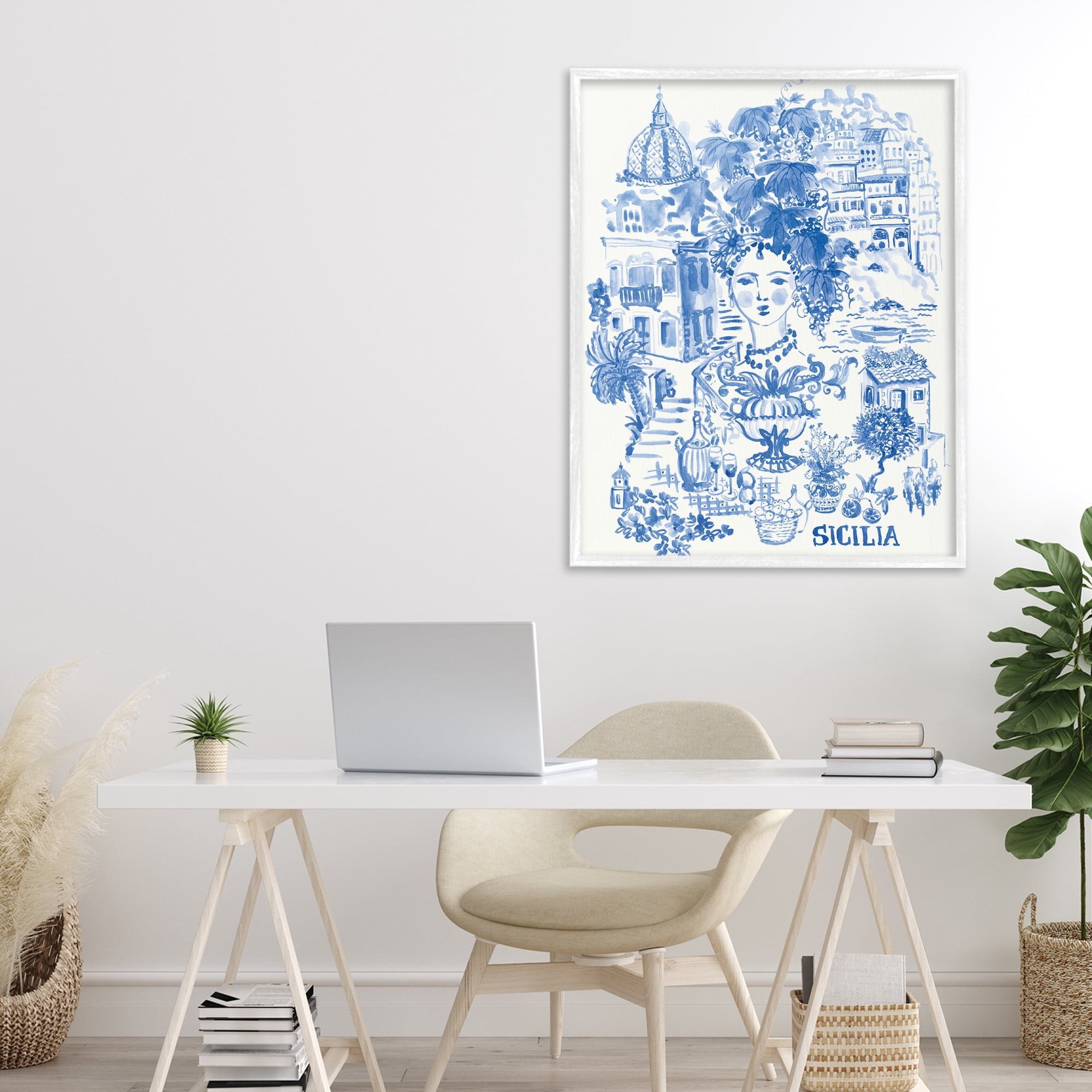 Stupell Industries Sicilia City In Blue White Framed Giclee Art, design by Karolina Sato