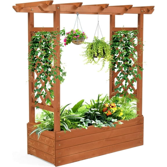 VINGLI Raised Garden Bed with Trellis & Hanging Roof, Wooden Garden Bed, Outdoor Planter Box for Yard, Garden, Balcony