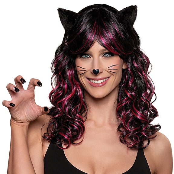 Underwraps Black Anime Style Wig With Pink Highlights And Attached Cat Ears, Cosplay Costume Wig, Long Lightweight Adjustable Party Hair One Size
