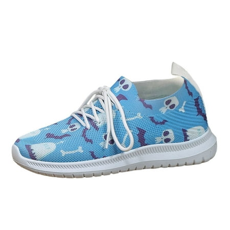

PMUYBHF Sneakers For Women Wide Toe Ladies Fashion Breathable Mesh Printed Tie Up Flat Bottomed Casual Sports Shoes