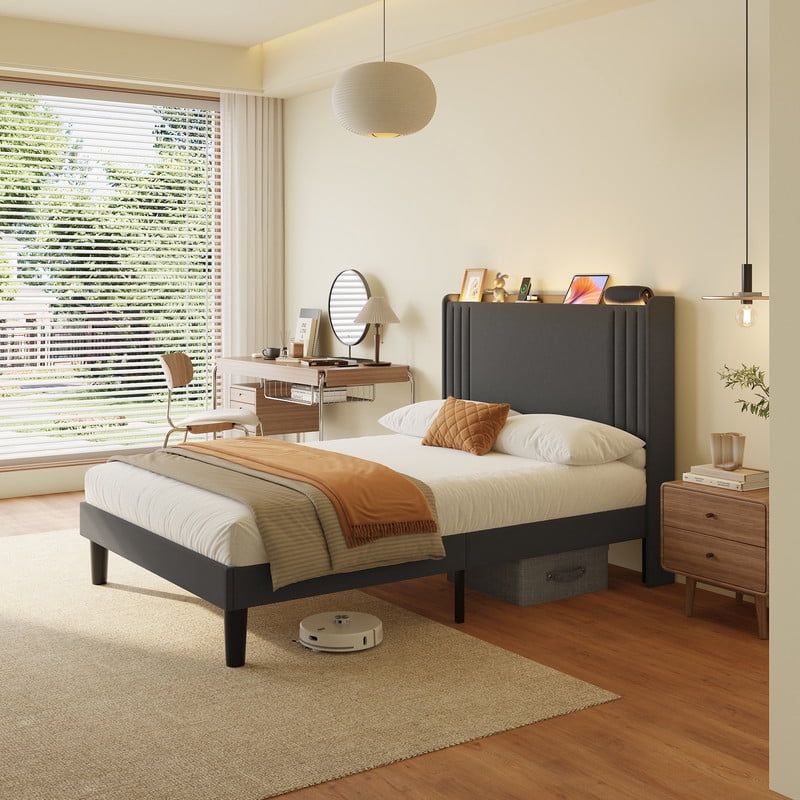 Luxury Wingback Upholstered Platform Bed Frame, Noise-Free & Sturdy, No Box Spring Required, Full Size Bed Dark Grey