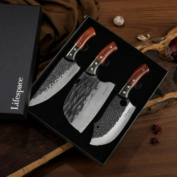 Premium Chef Cleaver Knife Set (x3) with Genuine Leather Sheaths in a Gift Box