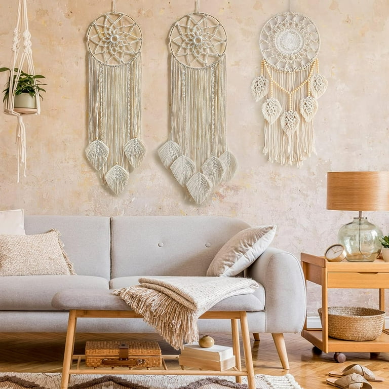 Nice Dream Boho Dream Catchers Wall Decor, Macrame Dream Catcher with 5 Woven Leaves Wood Beads Tassels for Bedroom Decor