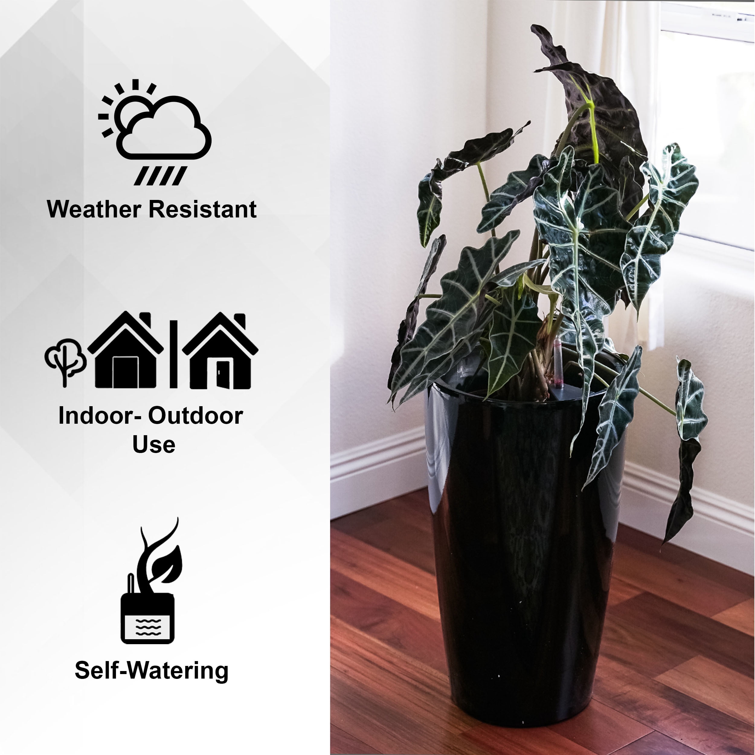 XBrand 21" H Black Plastic Self Watering Indoor Outdoor Tall Round Planter Pot w/Glossy Finish, Decorative Gardening Pot, Home Décor Accent
