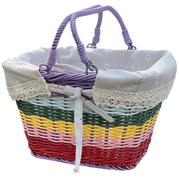 Plastic Bike Basket Front with Liner, 9.84 x 7.09 x 6.3 in / 25 x 18 x 16 cm, Front Plastic Bike Basket, Bicycle Basket, Detachable Front Handlebar Bike Basket, Rainbow Color