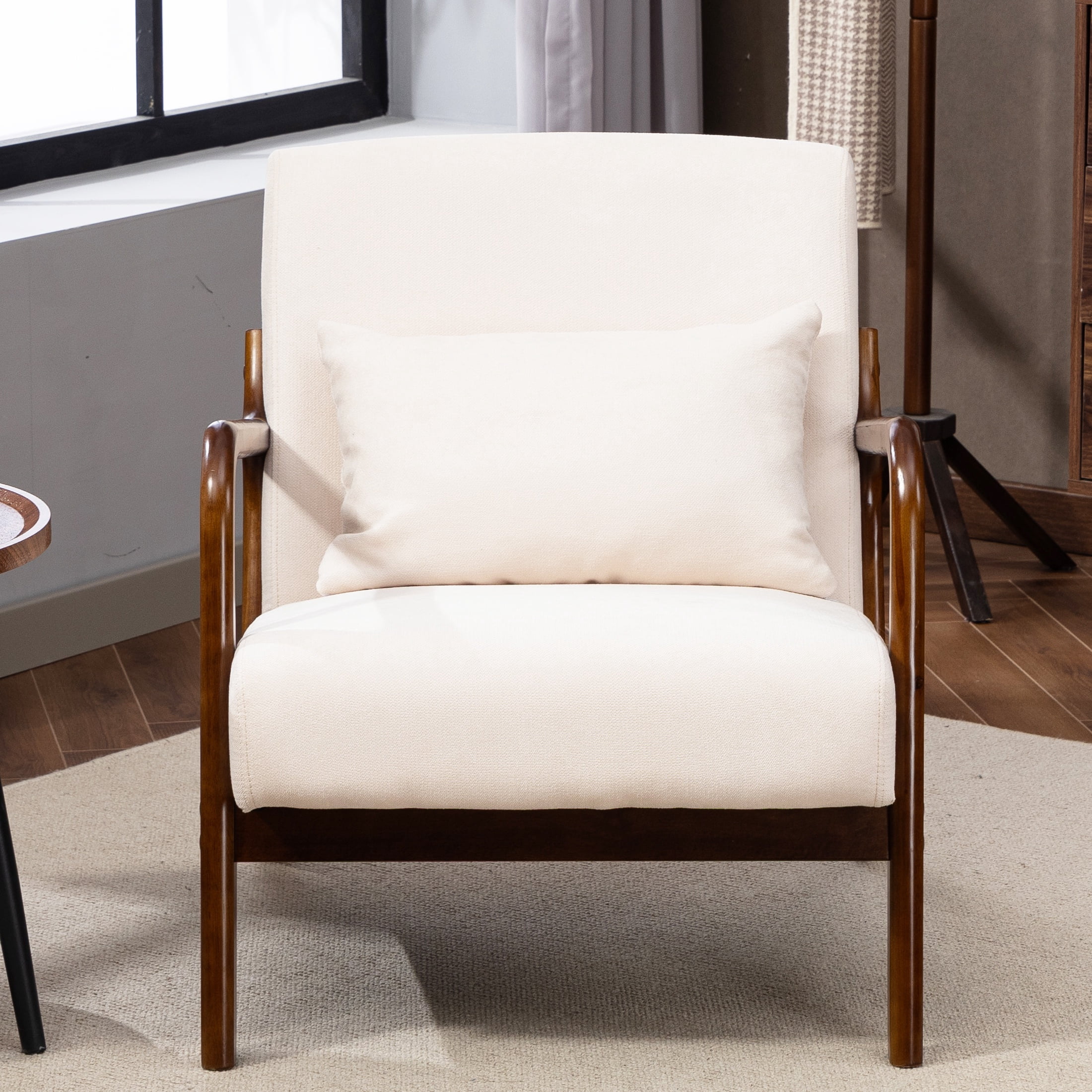 PORKISS Modern Arm Chair Velvet Fabric Upholstered Comfy Reading Accent Chair with Solid Wood Frame and Pillow, Armchair Comfort Club Chair Lounge Chair for Living Room Bedroom Sunroom, White #2