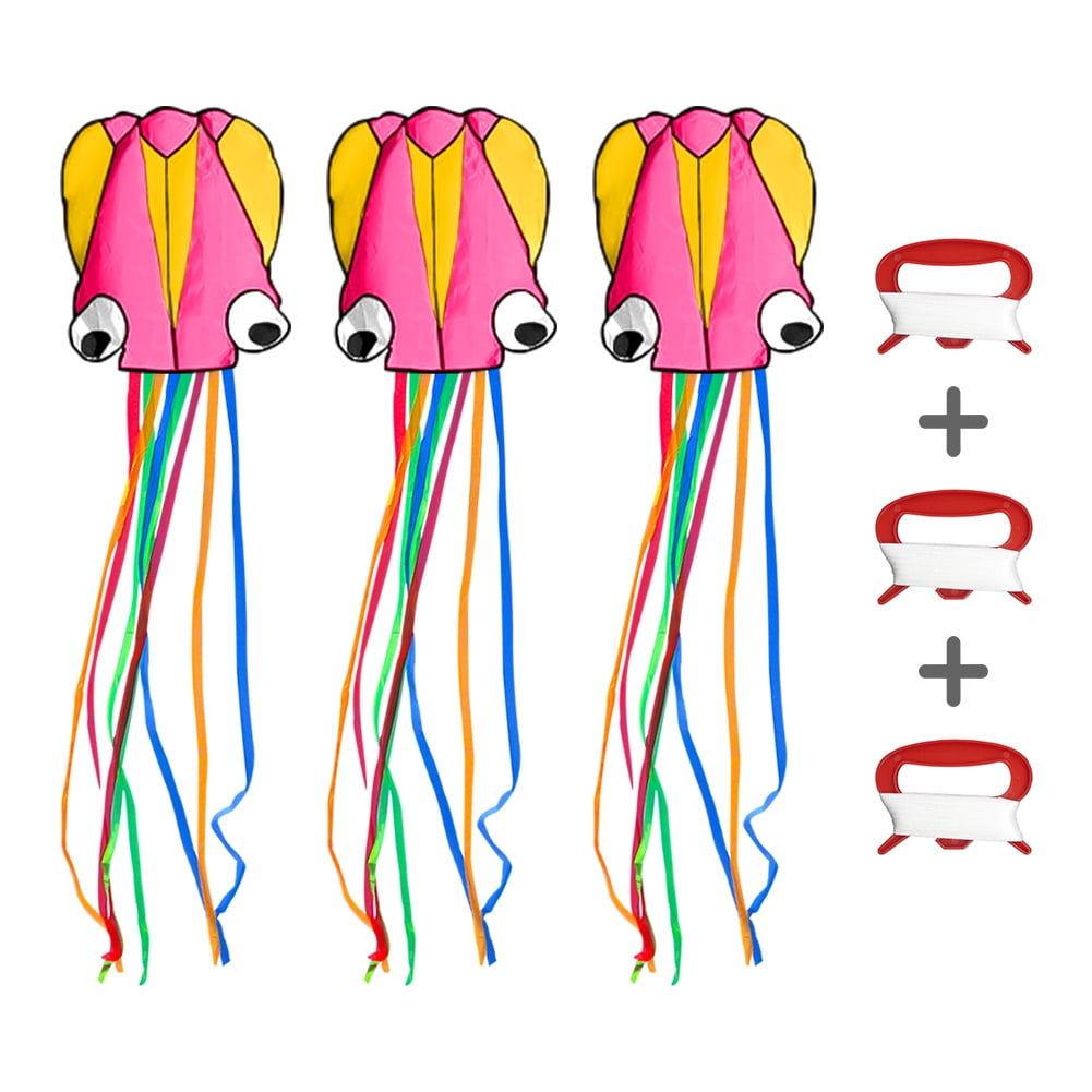 Kepooman 3 Pack Huge Mollusc Octopus Kite with Long Colorful Tail, 27.55" * 157.48", String Line Included, Pink & Yellow Kepooman 3 Pack Huge Mollusc Octopus Kite with Long Colorful Tail, 27.55" * 157.48", String Line Included, Pink & Yellow