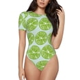 thumbnail image 1 of Balery Green Lemon Slices Body de cuello redondo de manga corta para mujer Tops de manga corta Tops básicos-Small, 1 of 7