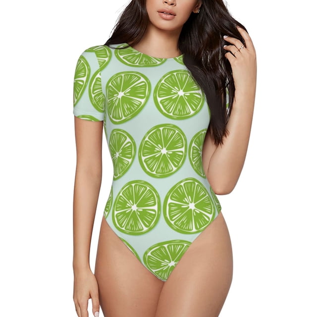 Balery Green Lemon Slices Body de cuello redondo de manga corta para mujer Tops de manga corta Tops básicos-Small