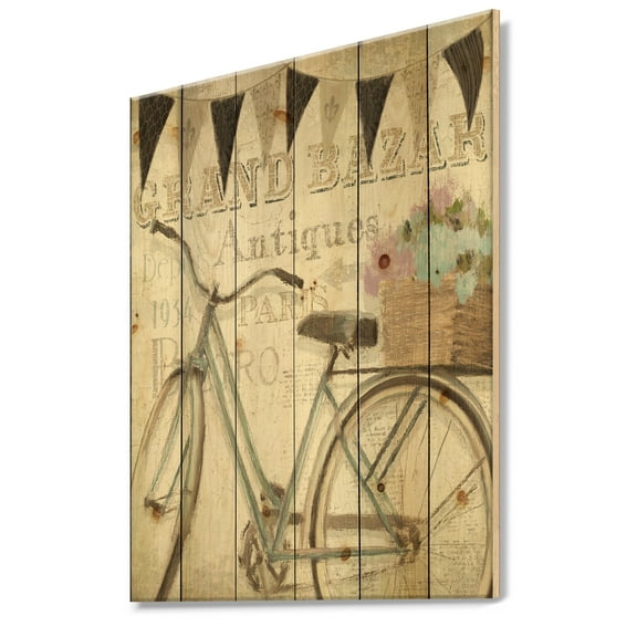 Designart 'French Bicycle Flea Market II' French Country Print on Natural Pine Wood