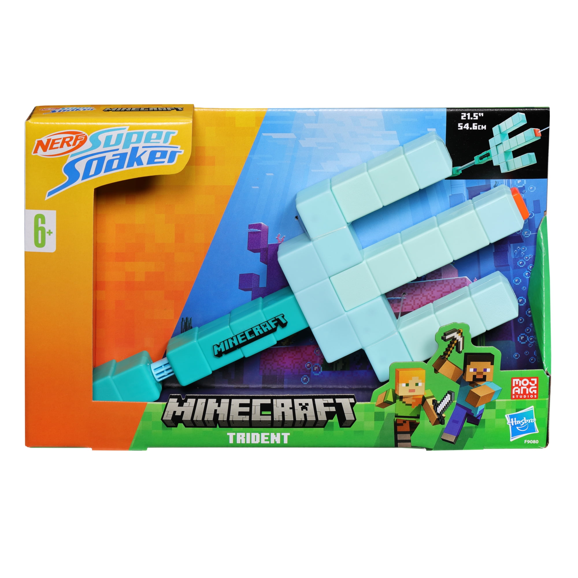 Nerf Super Soaker Minecraft Trident Water Blaster, Pull Back Plunger Handle, Outdoor Water Toys