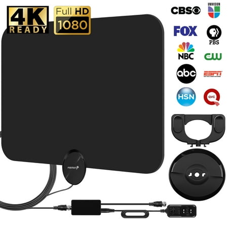50 Miles HDTV Antenna, Fosmon Indoor Ultra Thin HDTV Antenna with Built-in Amplifier Signal Booster and High Signal Detachable Stand w/ Capture of 9.8ft Coaxial Cable, 50 Miles Range