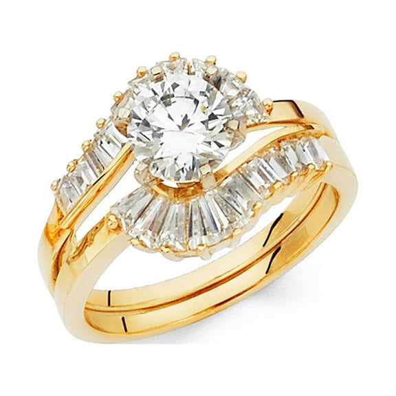 14k Yellow Gold Solitaire CZ Engagement Ring & Wedding Band Set Bridal Rings Set CZ Side Stones Size 7