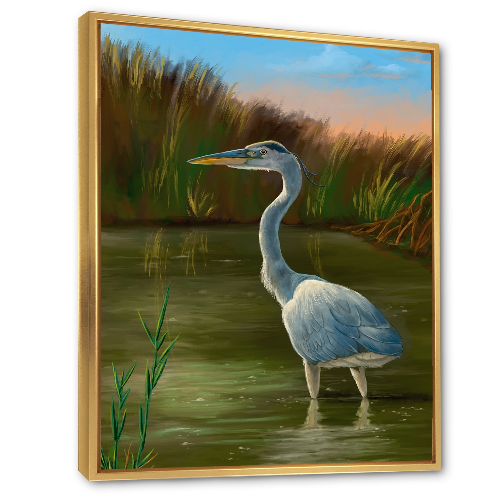 Designart 'Blue Heron Wetland Bird on The Lake Shore' Traditional Framed Canvas Wall Art Print
