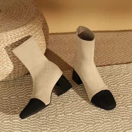 

Women‘s Ankle Stretch Boots Colorblock Chunky Heel Slip On Shoes Square Toe Footwear