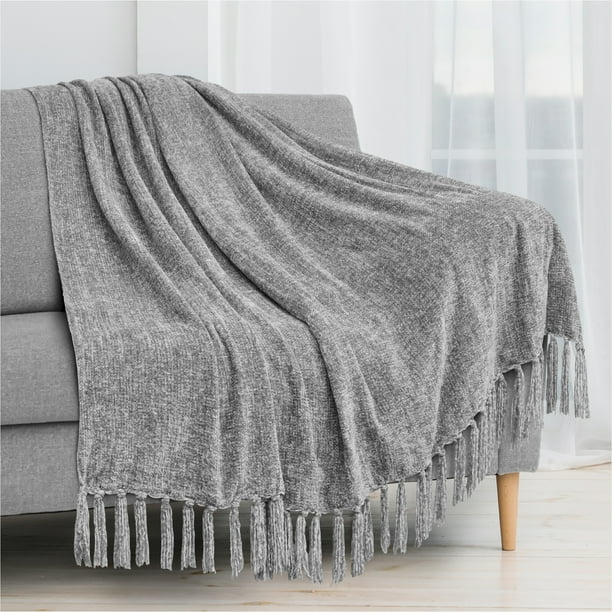 PAVILIA Chenille Tassel Fringe Throw Blanket Velvety Texture