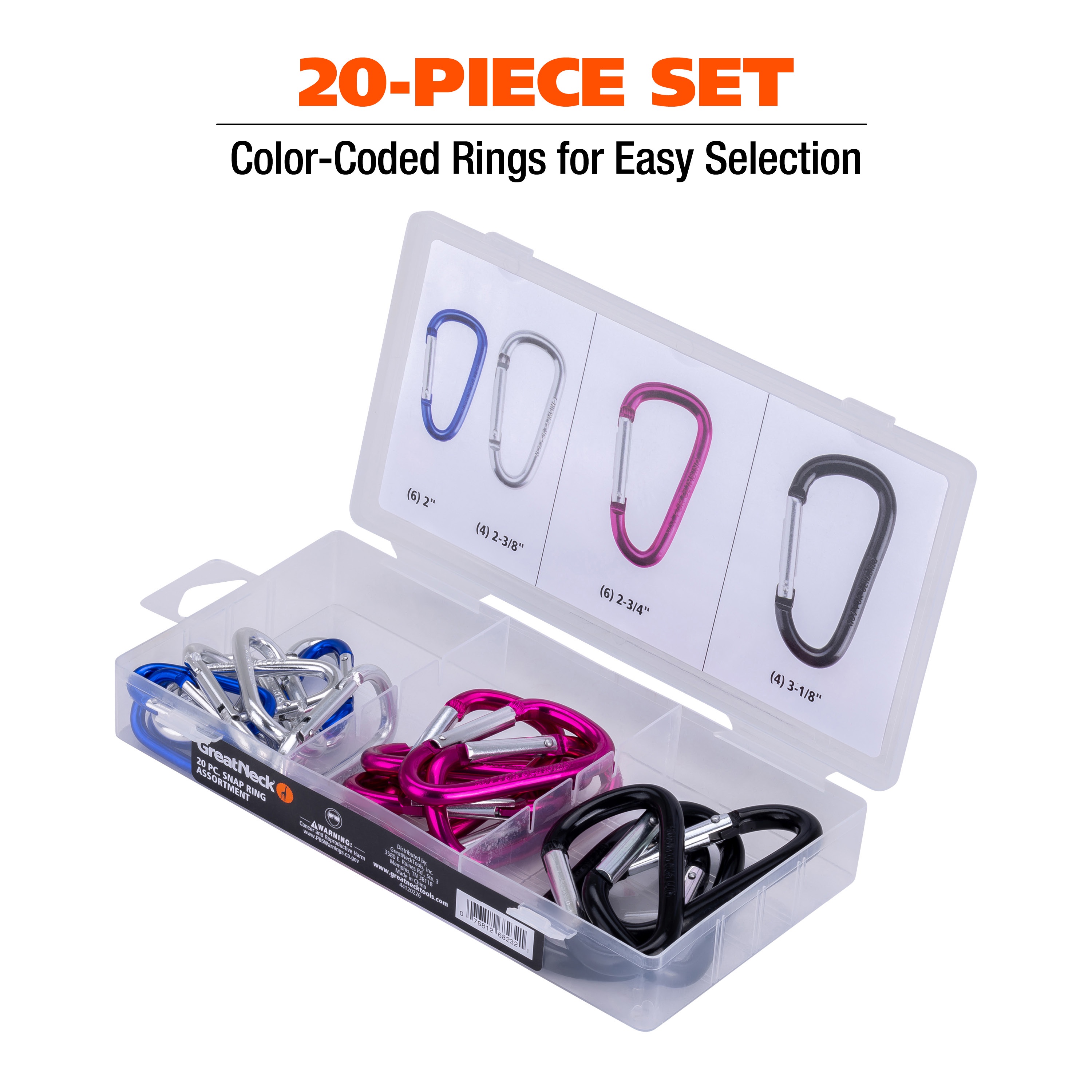 Great Neck Tools Snap Ring Assortment, 20 Piece Set, Multicolor